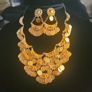 Vintage Mediterranean, gypsy coin necklace, and clip on earrings.
